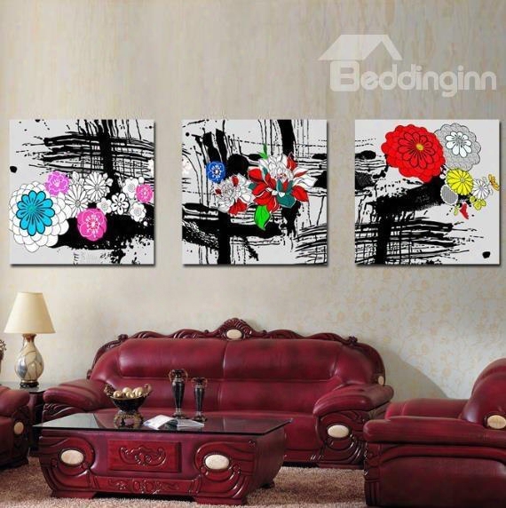 New Arrival Pretty Colorful Flowers And Black Scratches Print 3-piece Cross Film Wall Art Prin Ts