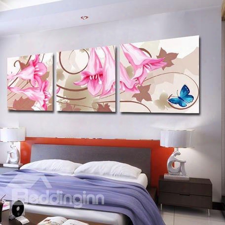 New Arrival Pretty Pink Lily Flowers And Blue Butterfly Print 3-piece Cross Film Wall Art Prints