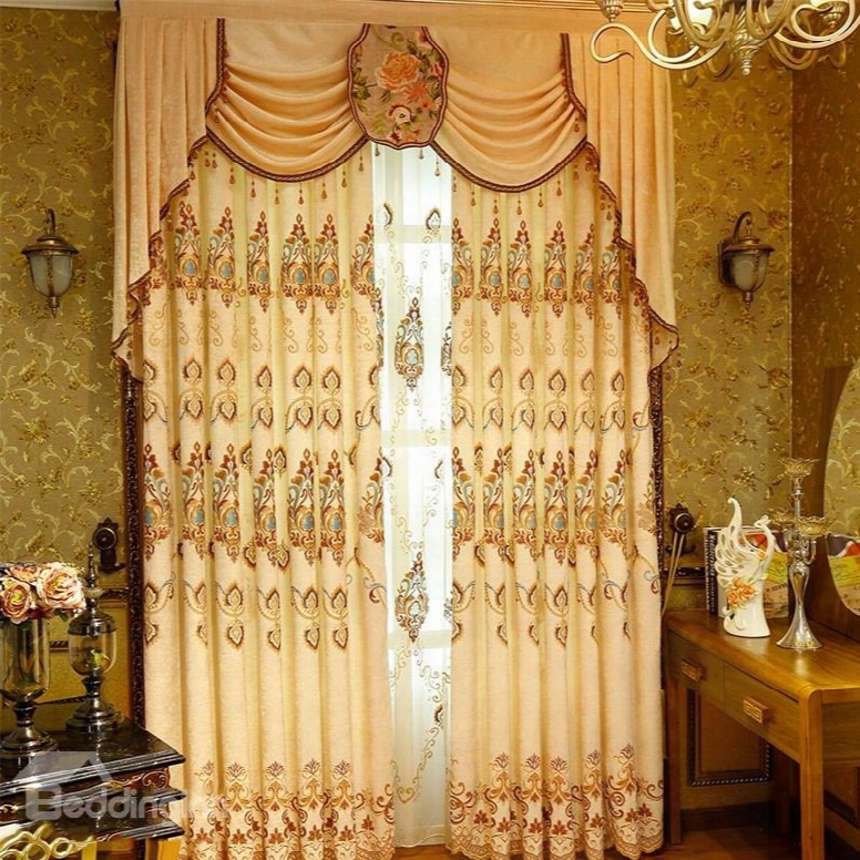 Noble And Elegant Yellow Color Classical Pattern 2 Panels Living Room Curtain