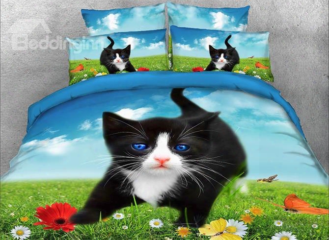 Onlwe 3d Black Kitten And Butterflies Printed 4-piece Bedding Sets/duv Et Covers