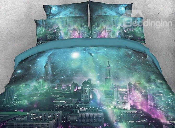 Onlwe 3d City Skyline Under Green Galaxy Cotton 4-piece Bedding Sets/duvet Covers