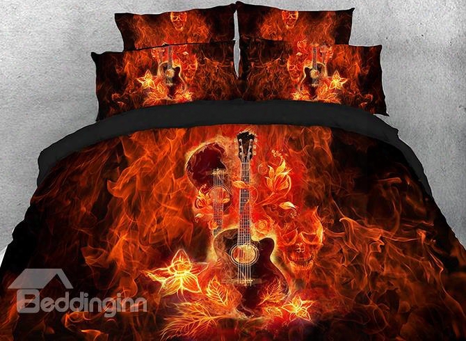 Onlwe 3d Fiery Guitar And Skull Printed Cotton 4-piece Bedding Sets/duvet Covers