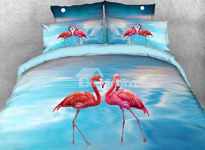 Onlwe 3d Flamingos Preen In Water Cotton 4-piece Bedding Sets/duvet Covers