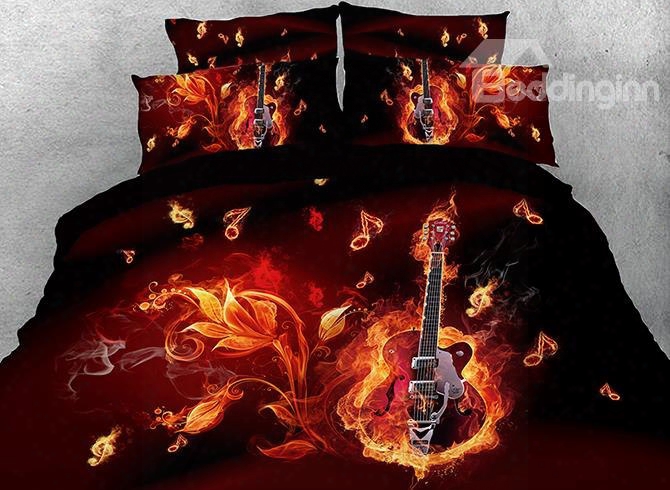 Onlwe 3d Floral Fiery Guitar And Note Printed Cototn 4-piece Bedding Sets/duvet Covers