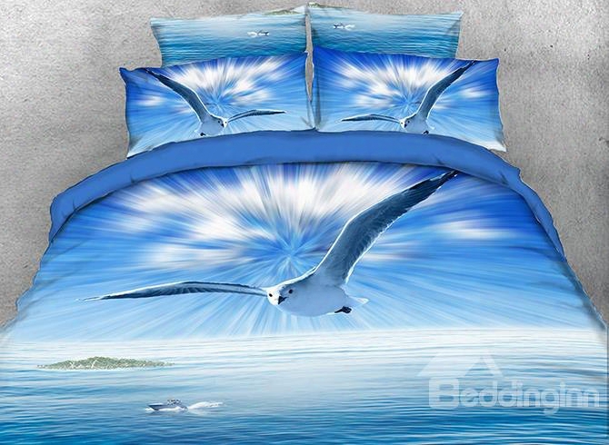 Onlwe 3d Flying Seagull With Shining Light Rays 4-piece Blue Bedding Sets/duvet Covers