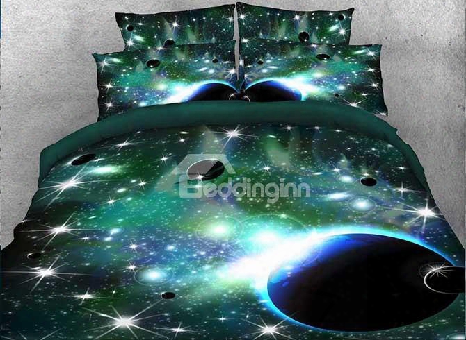 Onlwe 3d Galaxy And Celestial Body Printed 4-piece Green Bedding Sets/duvet Covers