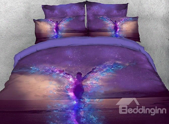 Onlwe 3d Girl With Purple Gaalaxy Wings Printed 4-piece Bedding Sets/duvet Covers
