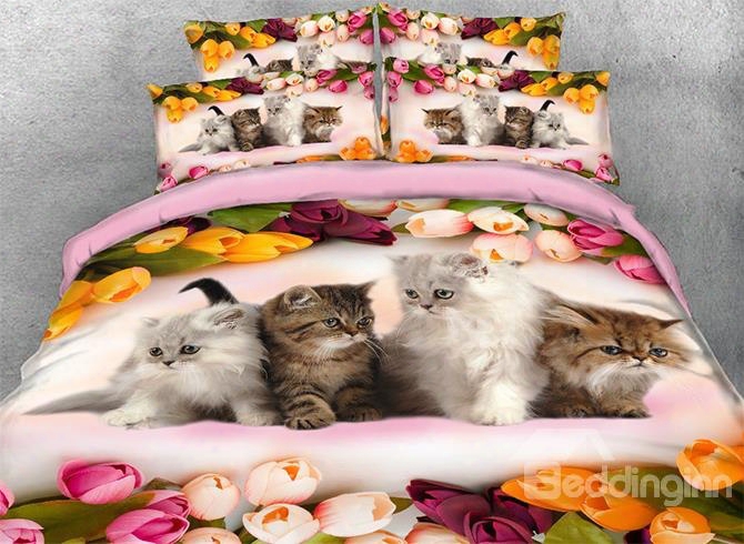 Onlwe 3d Kittens And Colorful Tulips Printed 4~piece Bedding Sets/duvet Covers