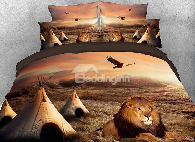 Onlwe 3d Lion Crouching Downo N The Grass African Style 4-piece Bedding Sets/du Vet Covers