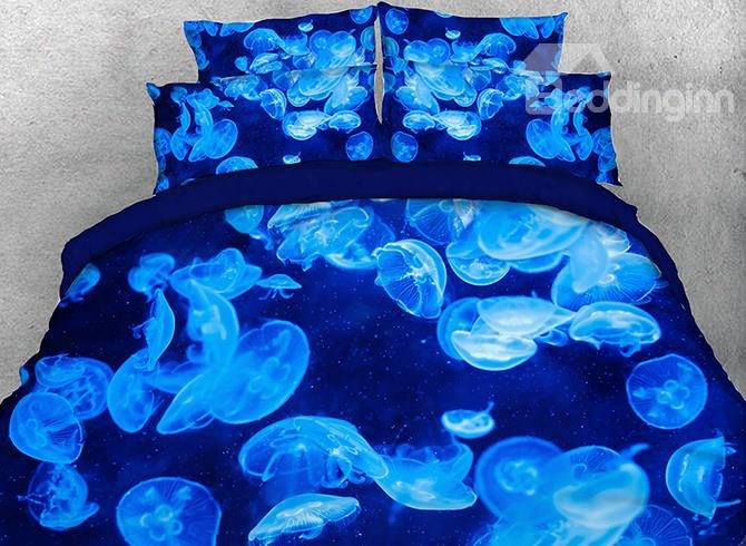 Onlwe 3d Luminous Blue Jellyfish Printed Cotton 4-piece Bedding Sets/duvet Covers