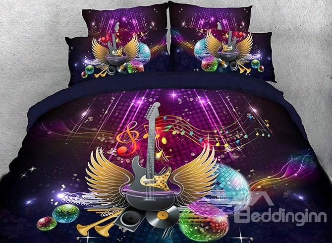 Onlwe 3d Metallic Winged Guitar With Disco Ball Cotton 4-piece Bedding Sets/duuvet Cover