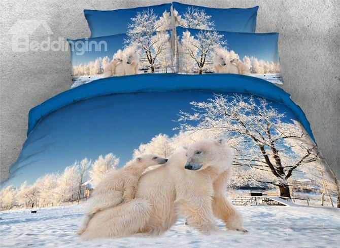 Onlwe 3d Parent-offspring Polar Bear Printed 4-piece Bedding Sets/duvet Covers