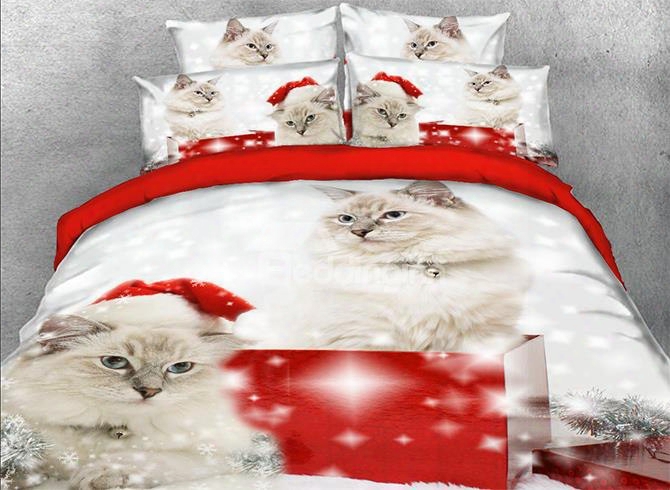 Onlwe 3d Persian Cat With Christmas Hat Printed 4-piece Bedding Sets/duvet Covers