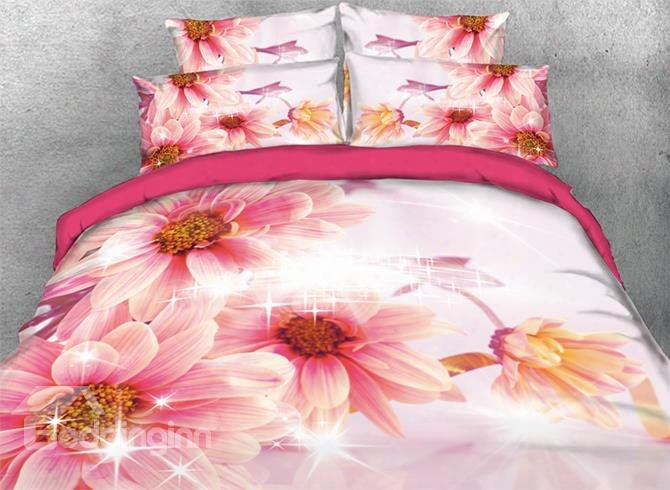 Onlwe 3d Pink Dahlia Fflowers Printed 4-piece Bedding Sets/divet Covers