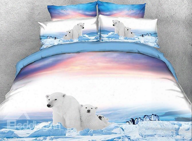 Onlwe 3d Polar Bear Family And Penguins Printed 4-piece Bedding Sets/duvet Covers