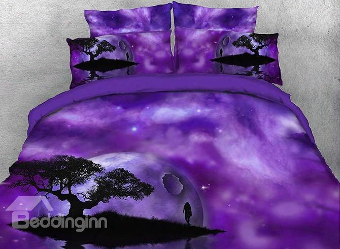 Onlwe 3d Purple Galaxy And Tree Silhouette Printed 4-piece Bedding Sets/duvet Covers