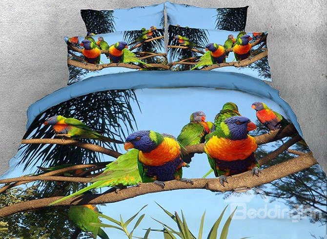 Onlwe 3d Rainbow Parrots On Branch Natural Scenery 4-piece Bedding Sets/duvet Covers