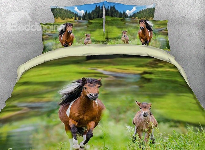 Onlwe 3d Running Horse And Foal Printed 4-piece Bedding Sets/duvet Covers