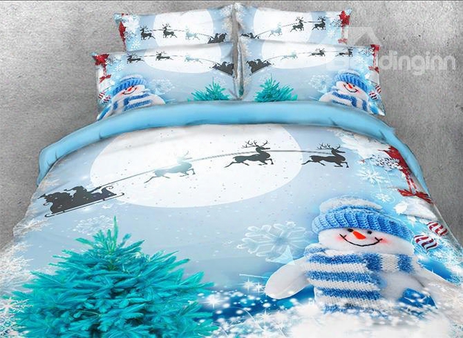 Onlwe 3d Santa And Sleigh Snowman Printed Cotton 4-piece Bedding Sets/duvet Covers