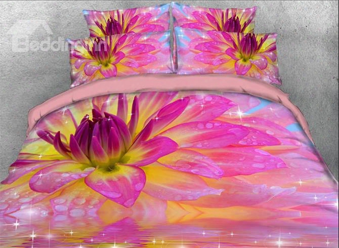 Onlwe 3d Shining Dewy Pink Dahliap Rinted 4-piece Floral Bedding Sets/duvet Covers