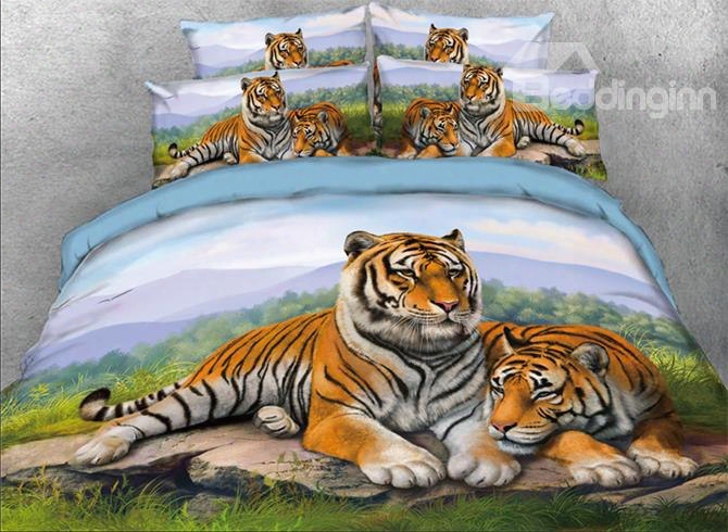 Onlwe 3d Snuggling Tigers Printed 4-piece Animal Bedding Sets/duvet Covers