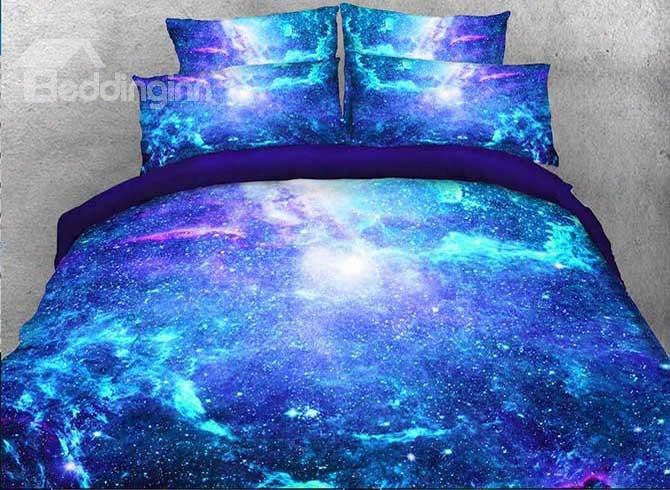 Onlwe 3d Space Galaxy Printed 5-piece Fluorescent Blue Comforter Sets