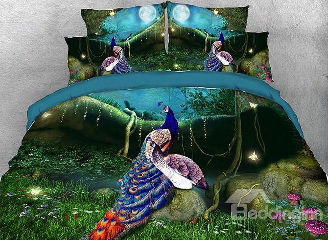 Onlwe 3d Splendid Peacocks In The Forest Cotton 4-piece Bedding Sets/duvet Covers