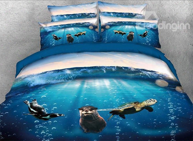Onlwe 3d Turtle Sea Lion And Penguin In Ocean 4-piece Bedding Sets/duvet Covers