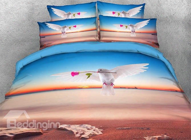 Onlwe 3d White Dove With Pink Rose Printed 4-piece Bedding Sets/duvet Covers