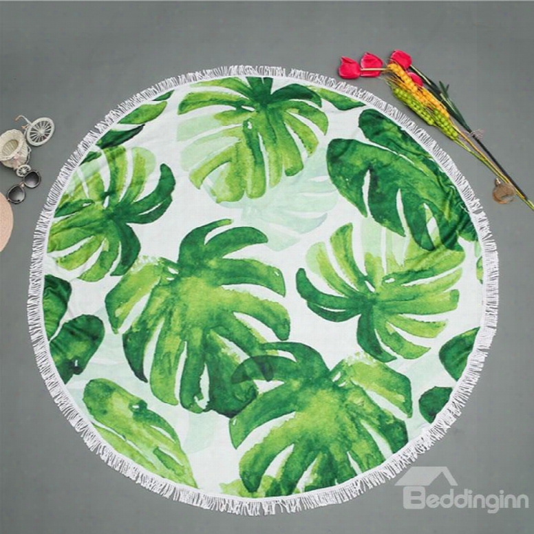 Hand-breadth Leaves Summer Green Cool With Tassels Cotton Polyester Round Beach Throws Blanket