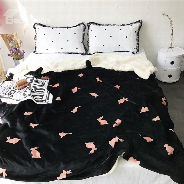 Peach Pink Rabbits Pattern Black Fluffy Super Soft Bed Blankets