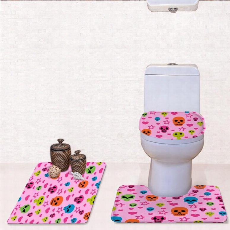 Pink Background Skulls Pattern 3-piece Flannel Pvc Soft Water-absorption Anti-slid Toilet Seat Covers