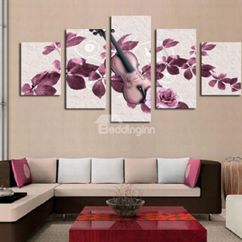Purple Flowers And Guitar 5-panel Canvas Hung Non-framed Wall Prints