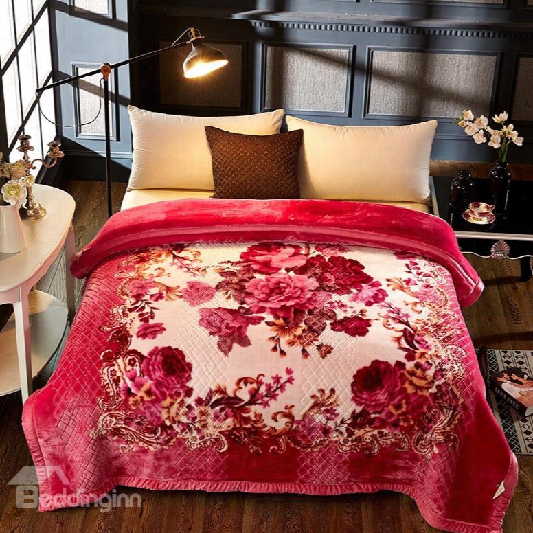 Red Flowers Blooming Printed 2 Ply Reversible Heavy Plush Raschel Bed Blanket
