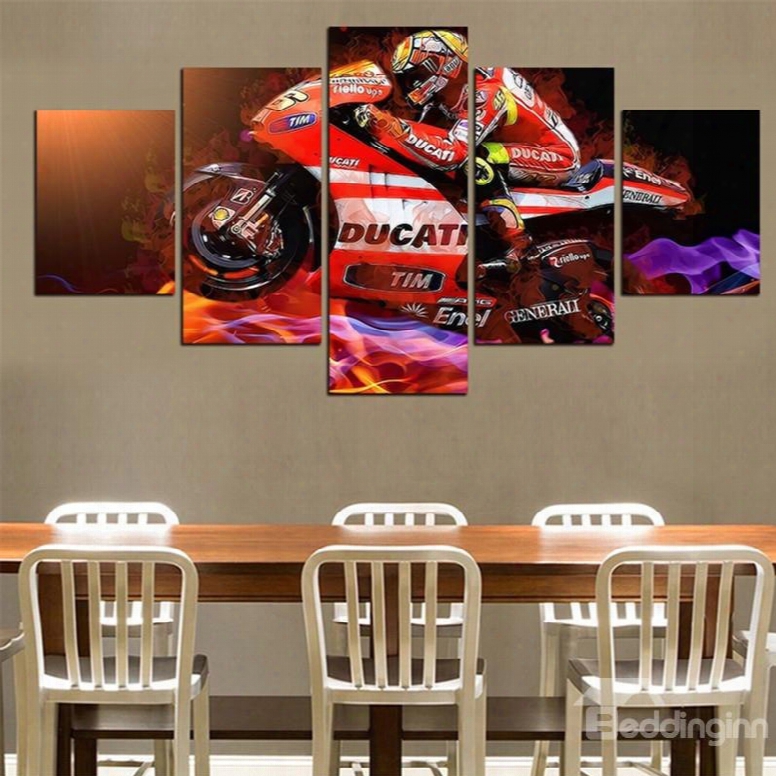 Red Motorcycle And Driver  Hanging 5-piece Canvas Non-framed Wall Prints