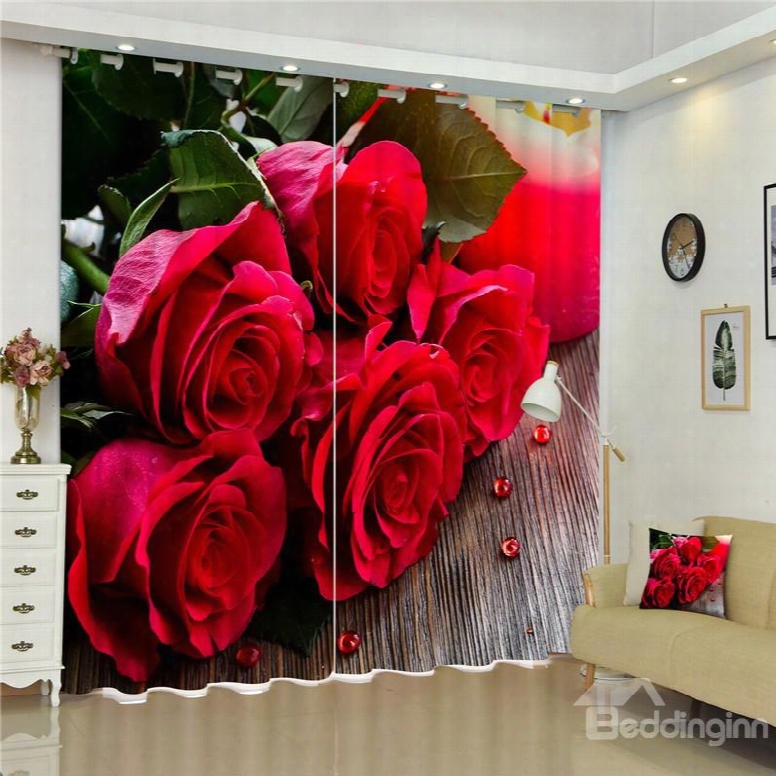 Red Roses Printed Thick Polyester Charming Pattern 2 Panels Decorative Custom 3d Curtain