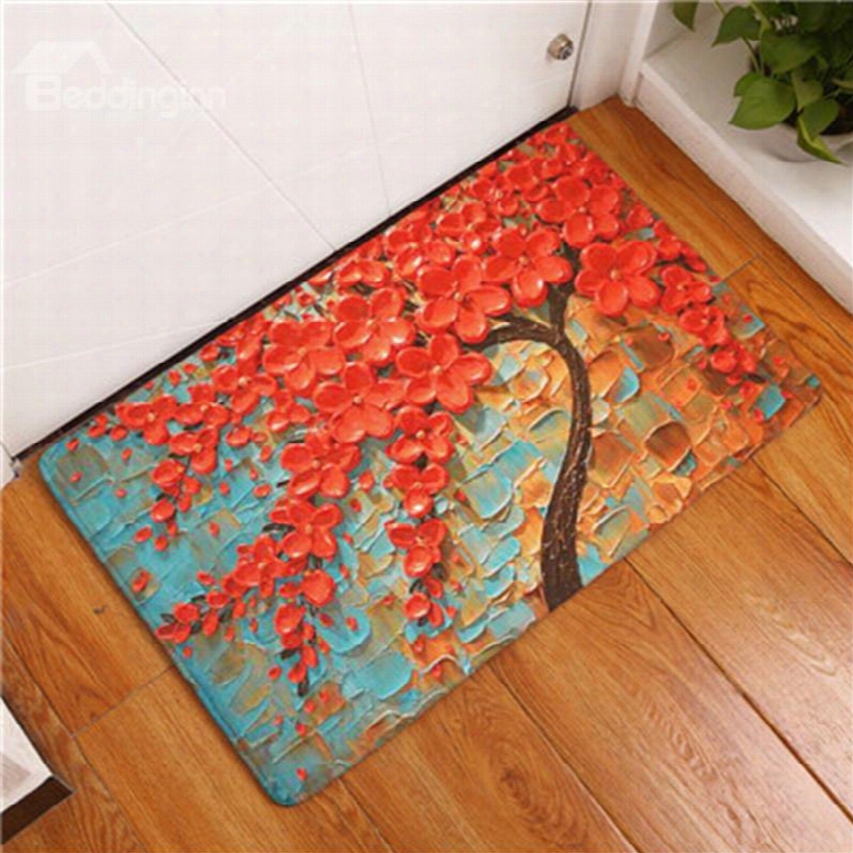 Red Tree Printed Oil Painting Flannel Bath Rug/mat
