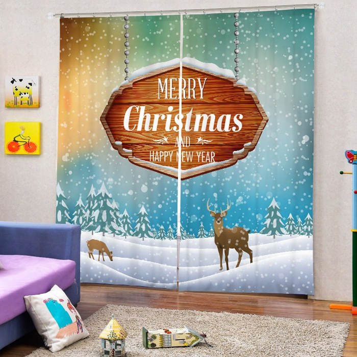 Reindeer In The Snow Printing Merry Christmas Theme 3d Curtain