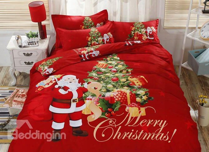 Santa Claus Delivering Gifts Red Cotton 4-piece Merry Christmas Bedding Sets/duvet Cover