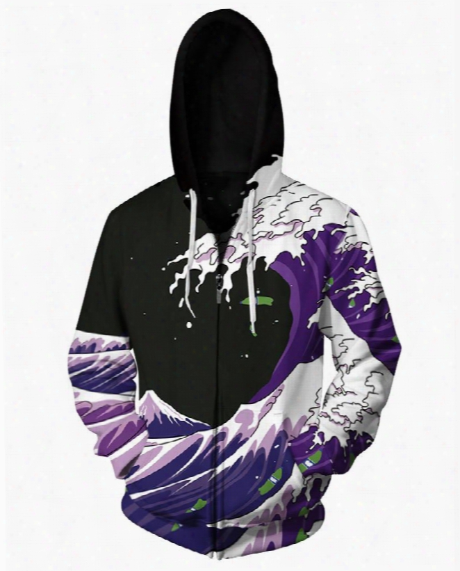 Sea Waves Purple 3d Print Big Pockets Zipper Hoodies