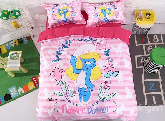 Smurfette With Flower And Butterflies 4-piece Pink Bedding Sets/duvet Covers