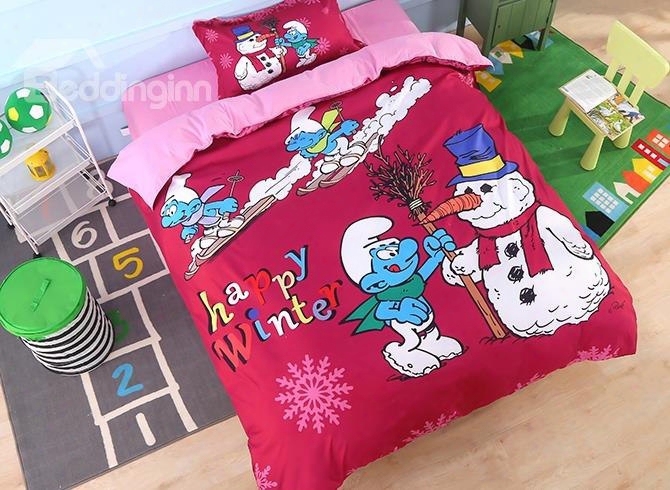 Smurfs Skiing And Christmas Snowman Printed Twin 3-piece Kids Red Bedding Sets