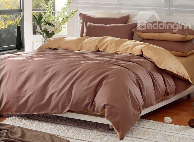 Solid Coffee And Gold Color Blocking Cotton 4-piece Bedding Sets/duvet Cover