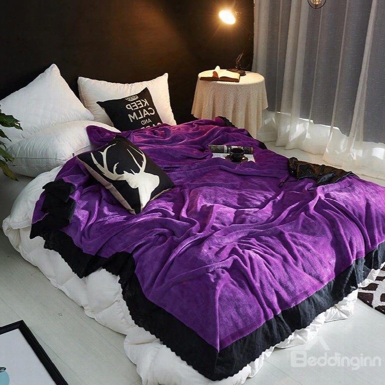 Solid Elegant Purple Plus Hwith Black Edge Super Soft Fluffy Bed Blanket