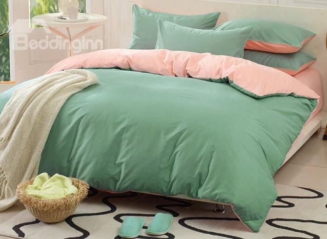 Solid Green And Light Pink Color Blocking Cotton 4-piece Bedding Sets/duvet Cover