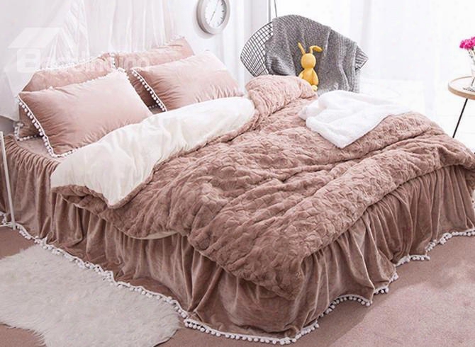 Solid Khaki With Decorative Fuzzy Ball Faux Rabbit Fur 4-piece Fluffy Bedding Sets