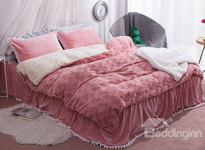 Solid Peachy Beige Decorative Fuzzy Ball Faux Rabbit Fur 4-piece Fluffy Bedding Sets