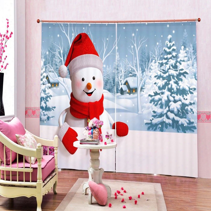 Super Cute Snowman Looking At You Smiling Printing Christmas Theme 3d Curtain