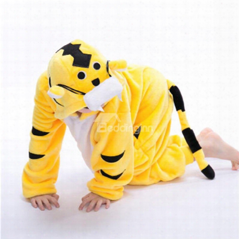 Tail D Ecoration Tiger Shaped Flannel Yellow 1-piece Kids Pajama