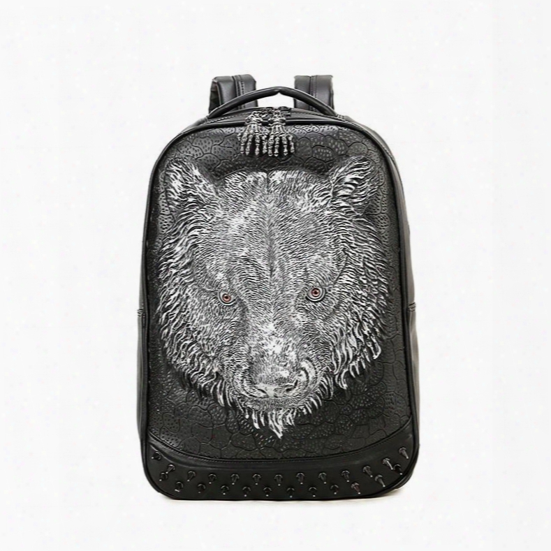 Tiger Head 3d Pu Leather Casual Laptop Backpack School Bag